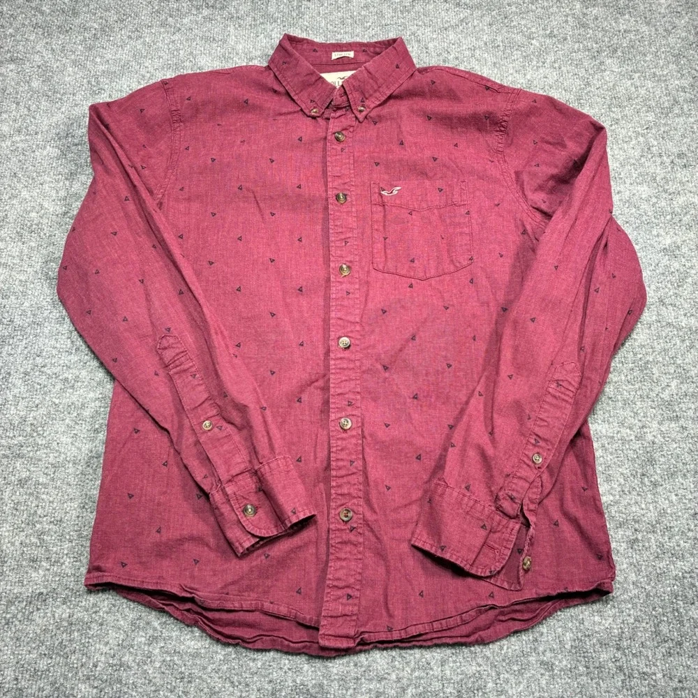 Hollister Button Down Shirt Mens L Burgundy‎ Triangle Print Stretch Long Sleeve